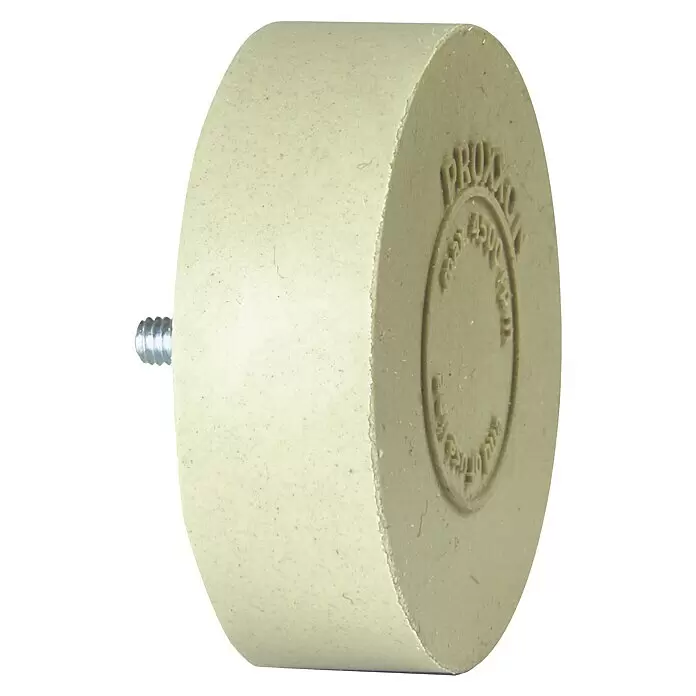 Proxxon Folienradierer - Durchmesser: 50 mm, Geeignet für: Metall - Hellbeiges zylindrisches Schleif-/Polierrad mit eingeschraubter Metallschraube und „PROXXON 4500“ Prägung.
