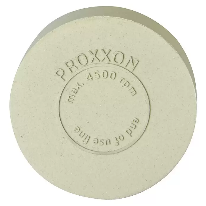 Proxxon Folienradierer - Durchmesser: 50 mm, Geeignet für: Metall - Runde, hellbeige Proxxon Schleifscheibe mit "max. 4500 rpm" und "end of use line" Markierungen.