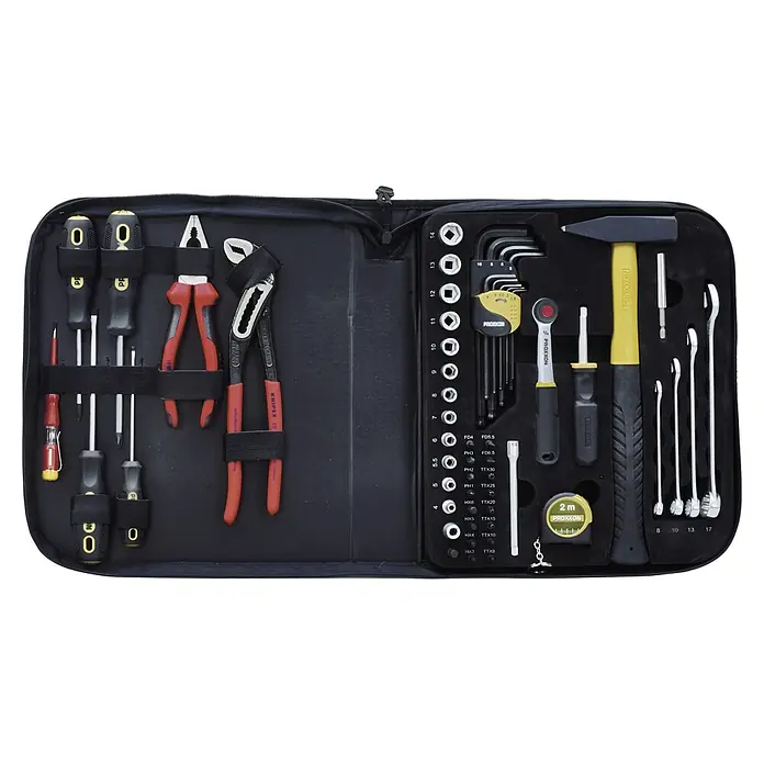 Proxxon Werkzeugkoffer - 48 -tlg. - Geöffnete Werkzeugtasche von Proxxon mit diversen Werkzeugen wie Schraubendrehern, Zangen, Steckschlüsseln und einem Hammer.