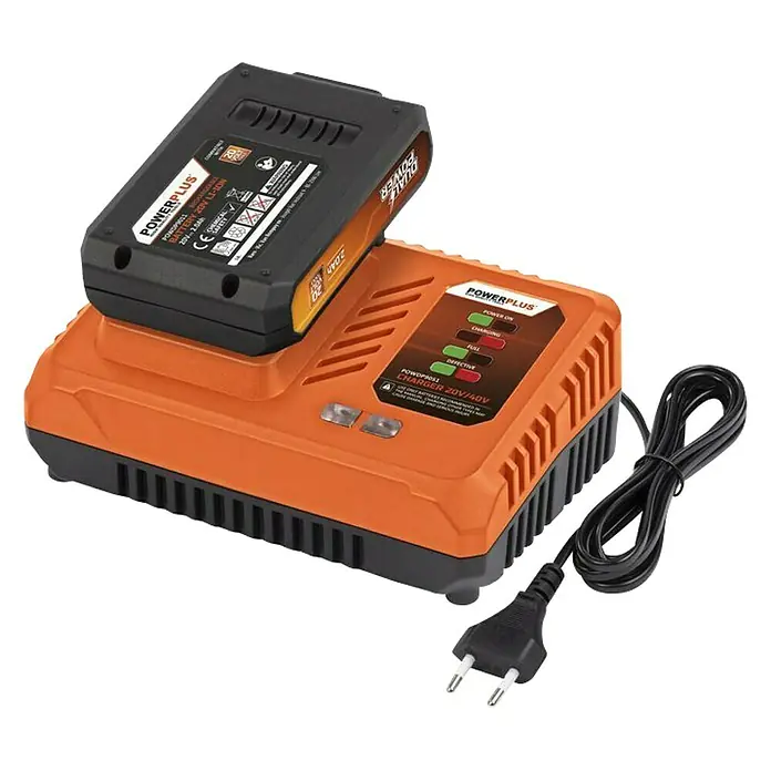 PowerPlus Batería y cargador POWDP9062 - 20 V, 1 batería, 2 Ah - Primer plano de un cargador de batería Powerplus Dual Power 20V/40V con una batería insertada.