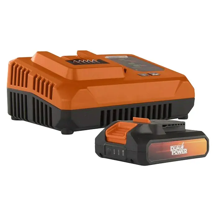 PowerPlus Batería y cargador POWDP9062 - 20 V, 1 batería, 2 Ah - Imagen de una batería y cargador Dual Power, ideal para herramientas eléctricas. La combinación de colores naranja y negro es atractiva.