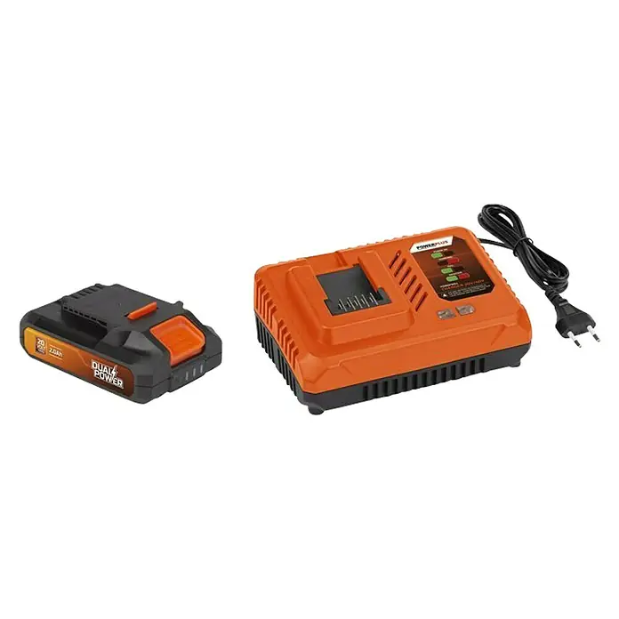 PowerPlus Batería y cargador POWDP9062 - 20 V, 1 batería, 2 Ah - Imagen de una batería y un cargador Dual Power. El cargador de batería es de color naranja y negro y tiene una luz indicadora.