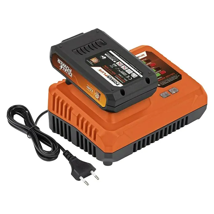 PowerPlus Batería y cargador POWDP9062 - 20 V, 1 batería, 2 Ah - Imagen de una batería y un cargador Powerplus. El cargador de batería Powerplus se representa con una batería encima.