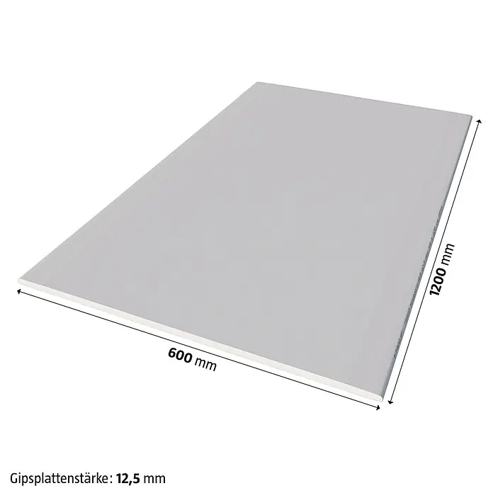 Knauf Gipskartonplatte Miniboard GKB - 1.200 x 600 x 12,5 mm - Darstellung einer Gipskartonplatte mit den Maßen 600 mm x 1200 mm und einer Stärke von 12,5 mm.