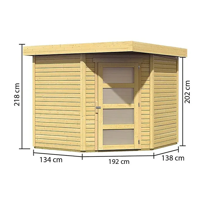 Karibu Gartenhaus Schwandorf 5 - Außenmaß inkl. Dachüberstand (B x T): 268 x 262 cm, Holz, Natur - Abbildung eines Holzgartenschuppens mit Flachdach und den Maßen 218 cm Höhe, 134 cm Breite, 202 cm Höhe, 138 cm Breite und 192 cm Tiefe.