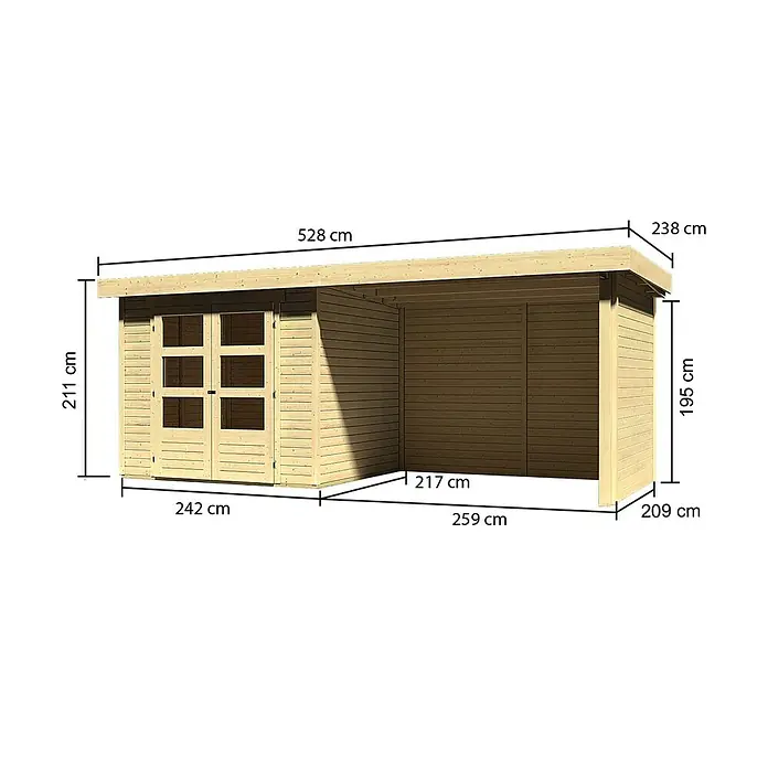 Karibu Gartenhaus Askola - Außenmaß inkl. Dachüberstand (B x T): 528,5 x 238 cm, Holz, Natur, Mit Anbau, Rück- und Seitenwand - Abbildung eines Holzschuppens mit den Maßen 528 cm Länge, 238 cm Breite und 211 cm Höhe, ideal für die Gartenaufbewahrung.