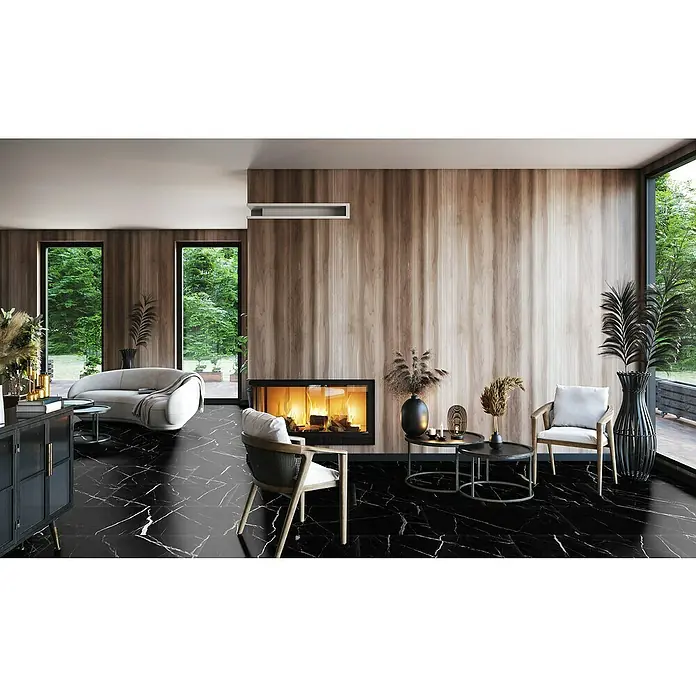 Allure Suelo vinílico SPC Black Marble - 610 x 305 x 5,2 mm, Negro, Resistente al agua - Un espacio de estar moderno con un suelo de mármol negro que añade elegancia y profundidad al diseño.