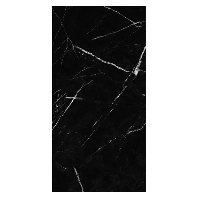 Allure Suelo vinílico SPC Black Marble - 610 x 305 x 5,2 mm, Negro, Resistente al agua - Mármol negro con vetas blancas, ideal para superficies elegantes y toques de lujo en interiores. Textura de alta calidad para diseños con estilo.