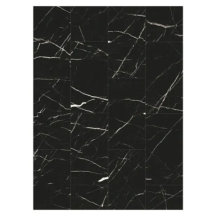 Allure Suelo vinílico SPC Black Marble - 610 x 305 x 5,2 mm, Negro, Resistente al agua - Elegantes baldosas de mármol negro con llamativas vetas blancas, ideales para interiores con estilo.