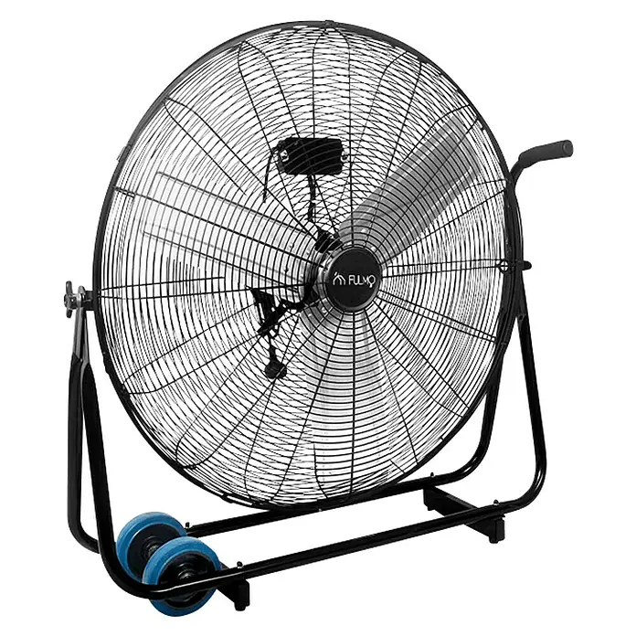 Fulmo Ventilador de suelo Siroco - 189 W, Negro, 60 cm - Un gran ventilador industrial negro con rueda azul para facilitar el movimiento, proporciona un fuerte flujo de aire.