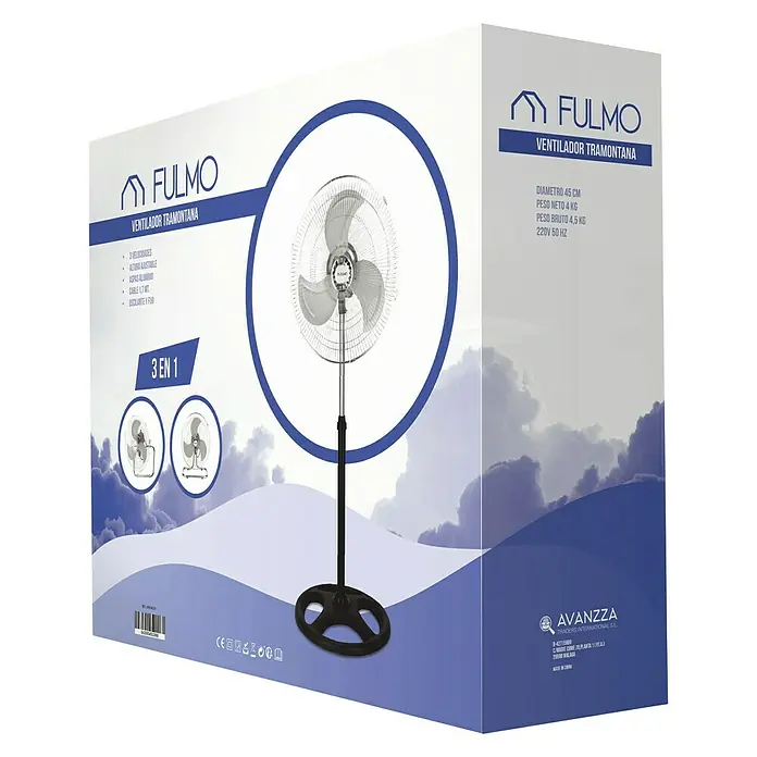 Fulmo Ventilador de pie Tramontana 3 en 1 - Plateado, 45 cm, 1,7 m - Embalaje del producto para un ventilador Fulmo Tramontana, con una imagen del producto y detalles técnicos en el embalaje.