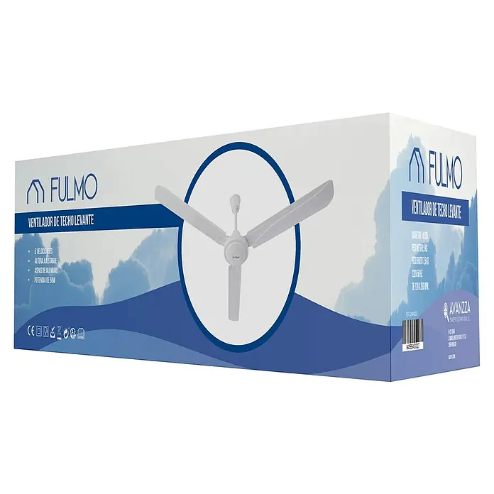 Fulmo Ventilador de techo Levante - Blanco, 120 cm, 60 W - Caja con un ventilador de techo Fulmo blanco. El producto ofrece 5 velocidades, altura ajustable y aspas de aluminio.
