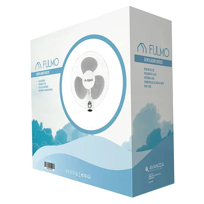Fulmo Ventilador de pared Bierzo - Blanco, 40 cm - Imagen de un embalaje para un ventilador Fulmo Ventilador Bierzo blanco con detalles técnicos y características del producto.