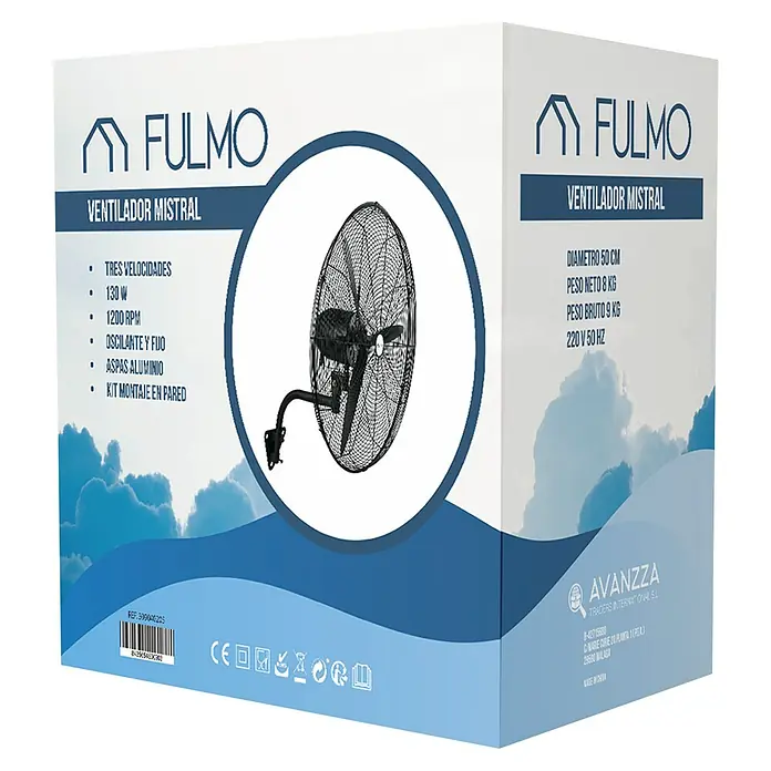Fulmo Ventilador de pared Mistral - Negro, 50 cm - Caja del ventilador de pared Fulmo Mistral, con detalles del producto y logo de la marca, ideal para una ventilación eficiente.