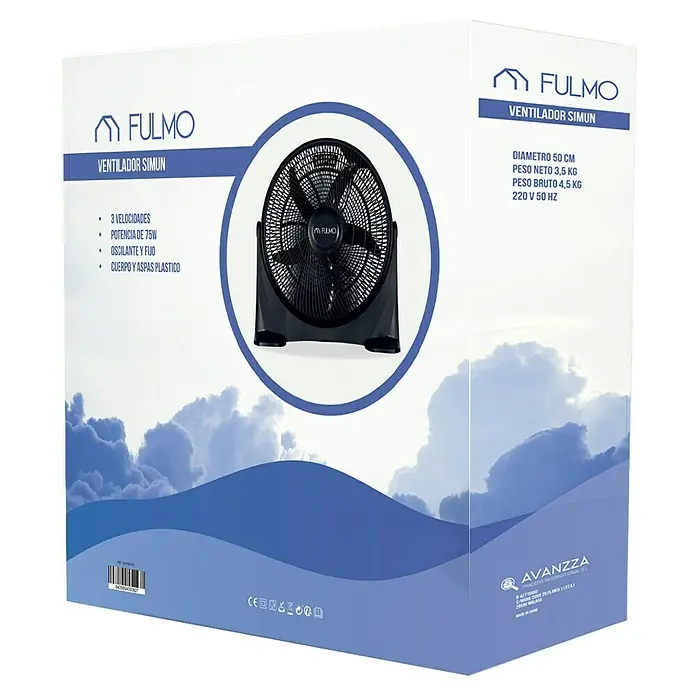 Fulmo Ventilador de suelo Simun - 75 W, Negro, 50 cm - Imagen de un paquete para el ventilador "FULMO VENTILADOR SIMUN", incluyendo información del producto y detalles del fabricante.