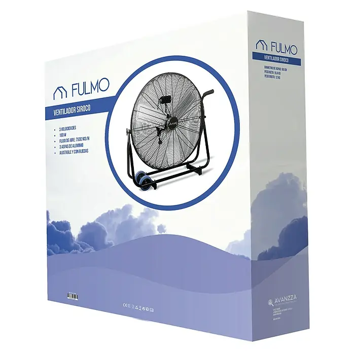 Fulmo Ventilador de suelo Siroco - 189 W, Negro, 60 cm - Imagen del embalaje de un ventilador FULMO SIROCO, mostrando una imagen del producto y las especificaciones en la caja.