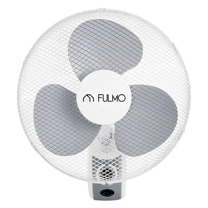 Fulmo Ventilador de pared Bierzo - Blanco, 40 cm - Primer plano de un ventilador Fulmo blanco con tres aspas grises y una carcasa de malla.
