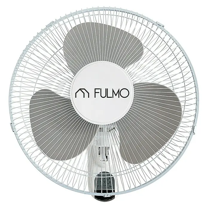 Fulmo Ventilador de pared Poniente - Blanco, 40 cm - Un primer plano de un ventilador Fulmo blanco con tres palas y una rejilla protectora sobre un fondo negro.