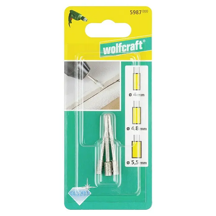 Wolfcraft Fresa de diamante - Diámetro: 4 mm - 5,5 mm, Diámetro vástago: 3 mm, 3 pzs. - Blíster de brocas de diamante Wolfcraft en tamaños de 4 mm, 4,8 mm y 5,5 mm para trabajos de perforación precisos.