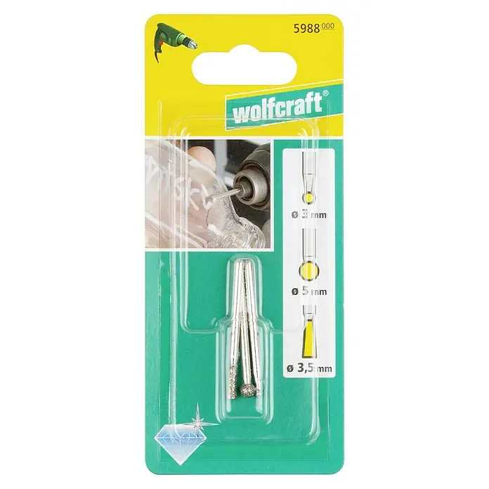 Wolfcraft Fresa de diamante - Diámetro: 3 mm - 5 mm, Diámetro vástago: 3 mm, 3 pzs. - Juego de lápices de diamante Wolfcraft para grabar, pulir y matizar vidrio y cerámica. El juego consta de 3 lápices de pulir diferentes.