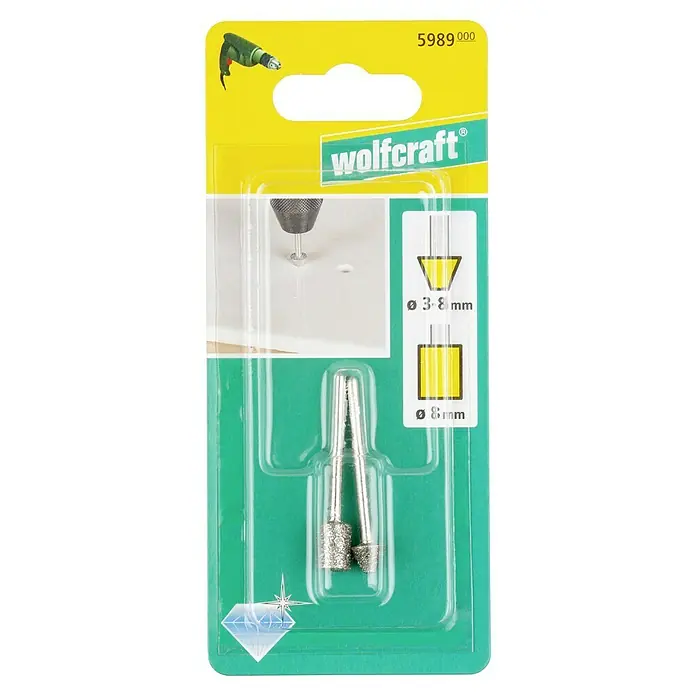 Wolfcraft Fresa de diamante - Diámetro: 3 mm - 8 mm, Diámetro vástago: 3 mm, 2 pzs. - Juego de brocas de diamante Wolfcraft: herramienta de precisión para taladrar limpiamente azulejos, vidrio y cerámica. Ideal para bricoladores y profesionales.