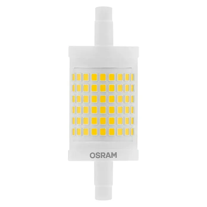 Osram Bombilla LED - R7s, Intensidad regulable, Blanco cálido, 1.521 lm, 11,5 W - Primer plano de una lámpara de filamento LED OSRAM, con una carcasa blanca y LEDs amarillos, sobre un fondo negro.
