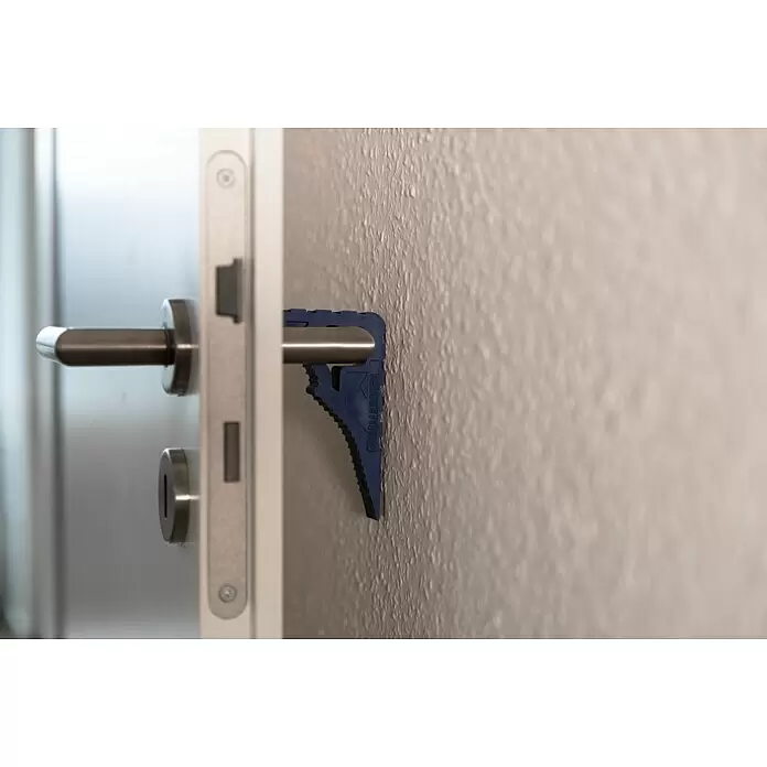 Schellenberg Tür- & Fensterstopper - Dunkelblau - Blauer Türstopper aus Kunststoff an einem silbernen Türgriff, schützt die Wand vor Stößen.