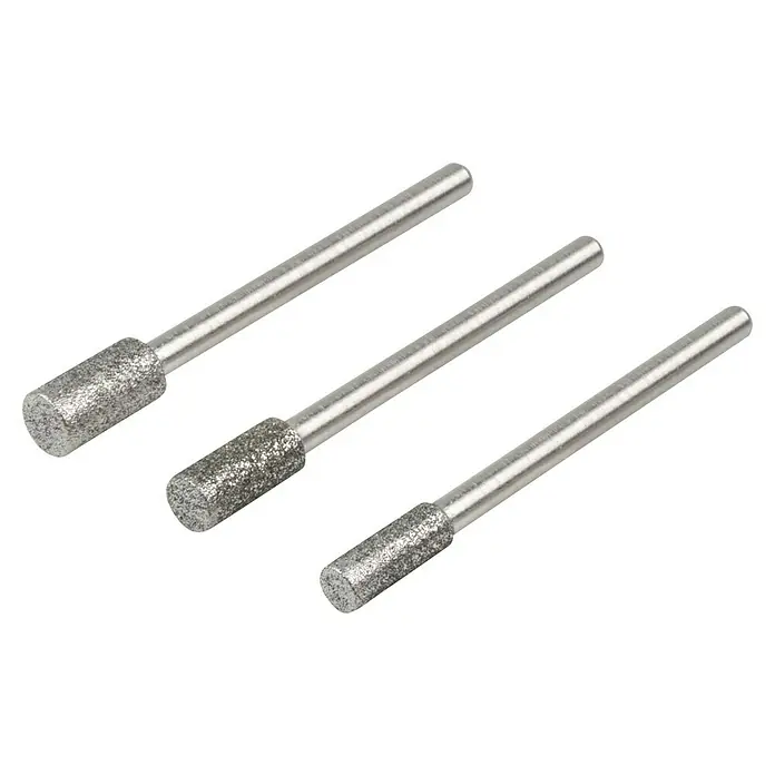 Wolfcraft Fresa de diamante - Diámetro: 4 mm - 5,5 mm, Diámetro vástago: 3 mm, 3 pzs. - Tres pernos de rectificado diamantados con cabezas cilíndricas sobre fondo negro. Ideal para trabajos de rectificado precisos.