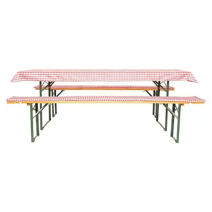 Bierbankauflagen-Set - Rot/Weiß, 240 x 50 cm, 100 % Polyester, 3 -tlg. - Biertischgarnitur mit rot-weiß karierten Tischdecken und Sitzauflagen. Holztisch und Bänke mit grünen Metallgestellen.