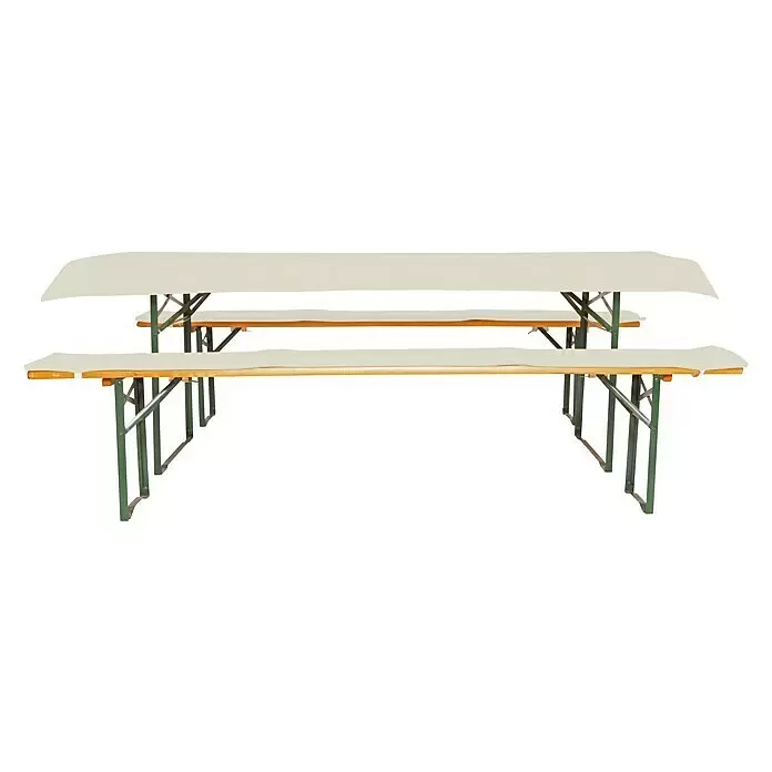 Bierbankauflagen-Set - Creme, 240 x 50 cm, 100 % Polyester, 3 -tlg. - Klappbare Holzbierzeltgarnitur mit hellen Auflagen und grünem Metallgestell.