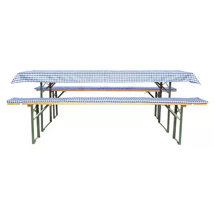 Bierbankauflagen-Set - Blau/Weiß, 240 x 50 cm, 100 % Polyester, 3 -tlg. - Klappbare Biergartengarnitur mit blau-weiß karierten Tischdecken und grünen Metallbeinen.