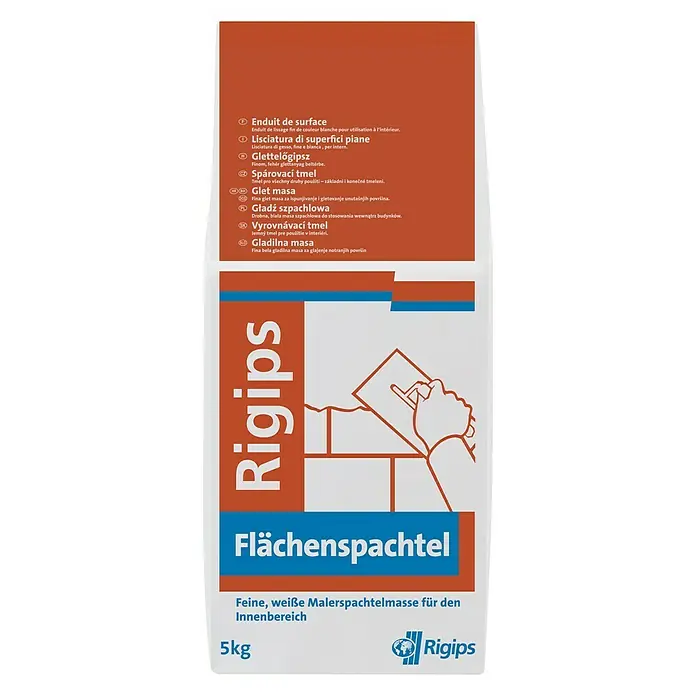 Rigips Flächenspachtel - 5 kg - Rigips Flächenspachtel: Feine, weiße Malerspachtelmasse für den Innenbereich, ideal zum Glätten von Wänden und Decken.