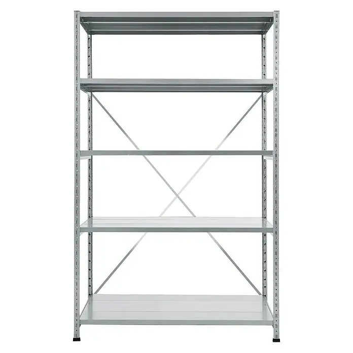 Scholz Metallregal SE - Höhe: 192 cm, B x T: 105 x 30 cm, Traglast pro Boden: 100 kg, Anzahl Böden: 5 Stk., Stecken, Silber - Abbildung eines grauen Metallregals mit fünf Regalböden und einer stabilen Konstruktion. Ideal für Lagerung und Ordnung.