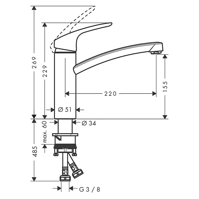Hansgrohe Spültischarmatur Focus 160 - Chrom, Glänzend - Maßzeichnung einer Waschtischarmatur mit allen relevanten Abmessungen und Anschlüssen für die Installation.