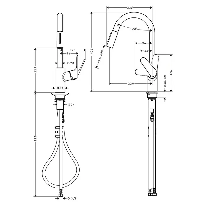 Hansgrohe Spültischarmatur Focus M41 - Chrom, Glänzend - Abbildung einer Küchenarmatur mit Ausziehbrause, inklusive Maßangaben zu Höhe, Breite und Durchmesser der verschiedenen Teile.