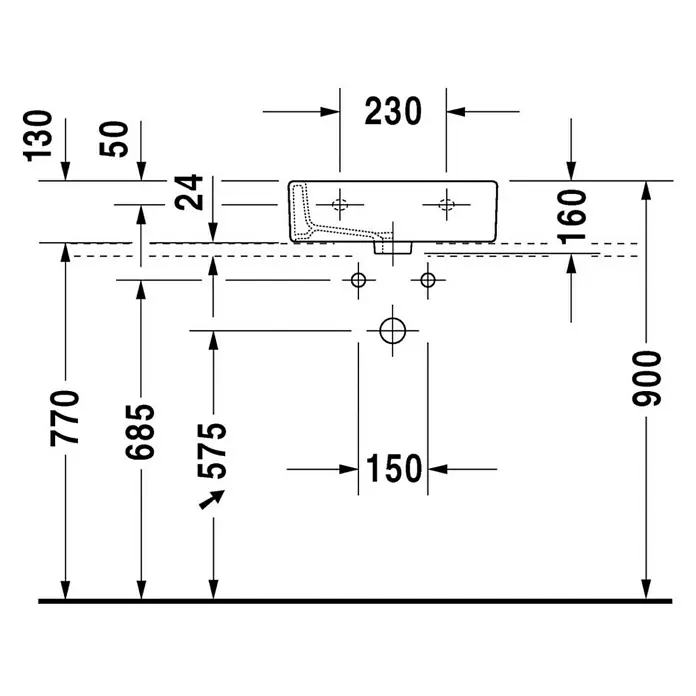 Duravit Vero Waschbecken Typ 1 - 45 x 35 cm, Ohne Spezialglasur, Hahnloch: Mitte, Mit Überlauf, Weiß, Geschliffen - Technische Zeichnung eines Waschtisches mit Maßangaben für Installation und Design.