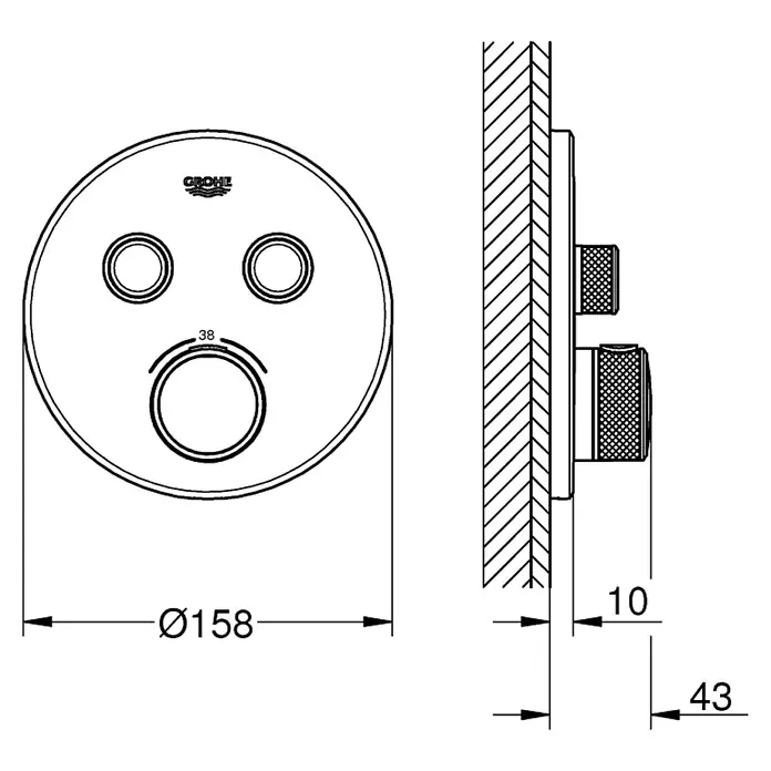 Grohe Grohtherm SmartControl UP-Thermostatarmatur - 2 Stk., Rund, Hard Graphite, Matt - Technische Zeichnung einer Grohe Armatur mit Maßangaben für Installation und Design.