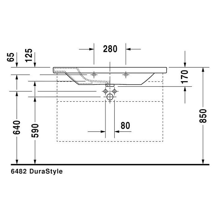 Duravit DuraStyle Waschtisch Typ 1 - 100 x 48 cm, Mit schmutzabweisender Glasur, Hahnloch: Mitte, Mit Überlauf, Weiß - Technische Zeichnung des Durastyle Waschbeckens 6482 mit Maßen.