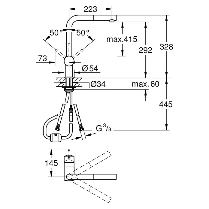 Grohe Spültischarmatur Minta - L-Auslauf, Chrom, Glänzend, Ausziehbar - Produktbild mit Maßangaben. Das Bild zeigt ein Wasserhahn-Design mit detaillierten Abmessungen für Installationszwecke.