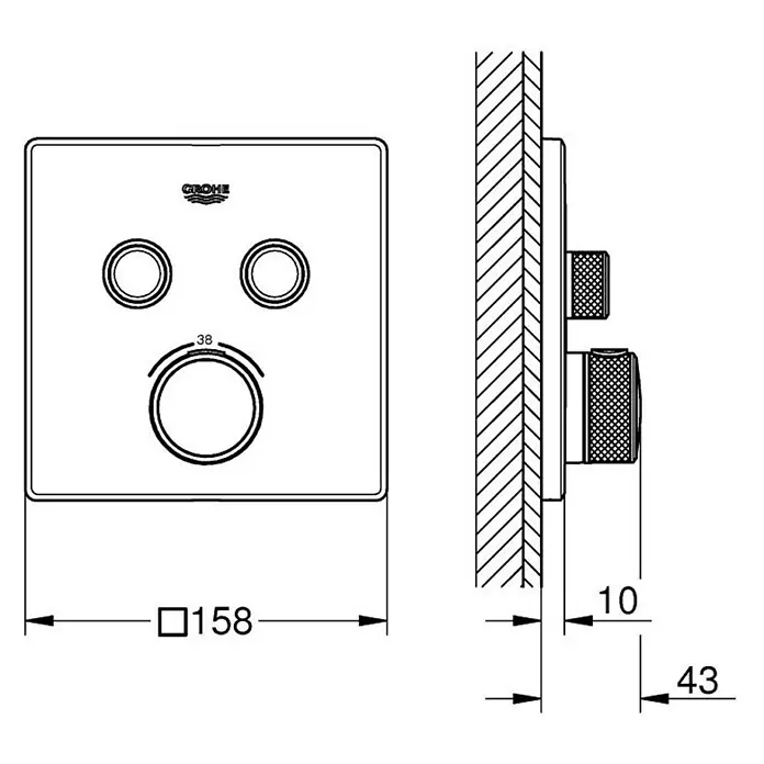Grohe Grohtherm SmartControl UP-Thermostatarmatur - Anzahl Absperrventile: 2 Stk., Eckig, Chrom, Glänzend - Abbildung des Grohe Duscharmatur-Sets mit Maßangaben für Installation und Design.