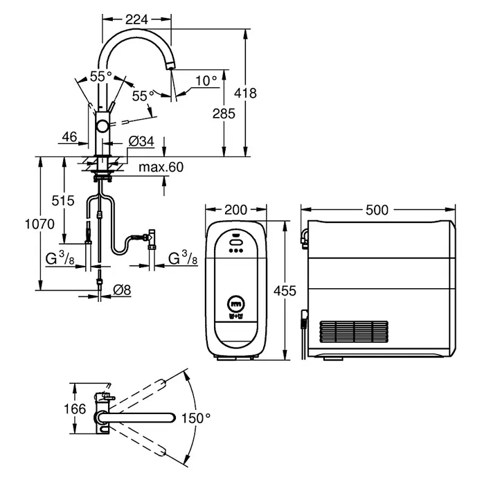 Grohe Spültischarmatur Blue Home - Höhe: 41,8 cm, C-Auslauf, Supersteel, Matt, Schwenkbar - Schema eines Wasserhahns mit Boiler, Abmessungen und Winkeln für Installationen mit Warmwasserversorgung.