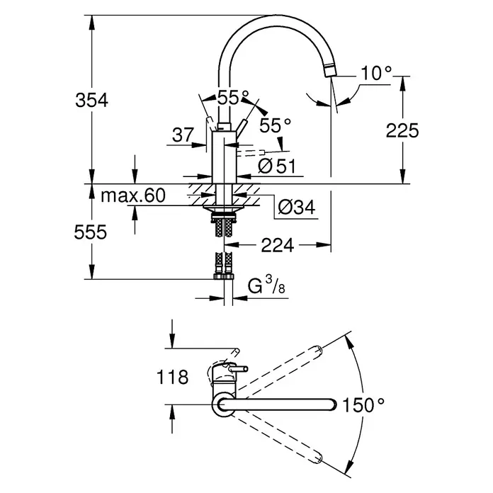 Grohe Concetto Spültischarmatur - Edelstahl, Schwenkbar - Eine technische Zeichnung eines Wasserhahns mit verschiedenen Maßangaben und Winkeln.