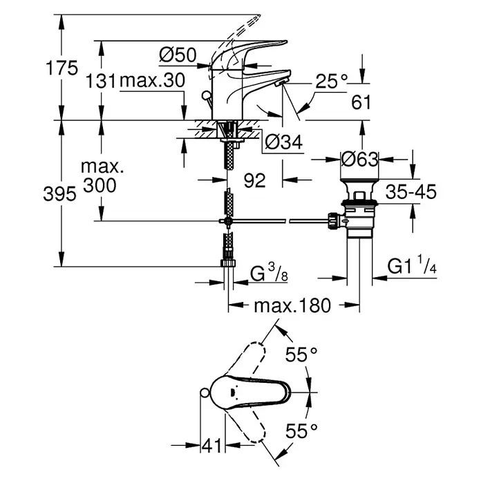 Grohe Euroeco Waschtischarmatur - Chrom, Glänzend - Eine technische Zeichnung einer Armatur mit Maßangaben, die die Abmessungen und Winkel des Produkts detailliert darstellt.