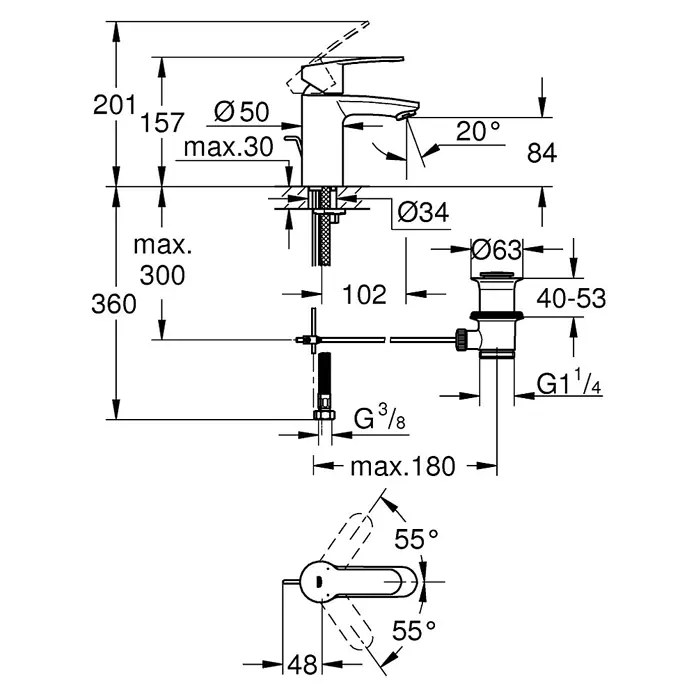 Grohe Eurostyle Cosmopolitan Waschtischarmatur - Chrom, Glänzend - Produktbild mit den Maßangaben des Waschbecken Wasserhahn, inklusive Höhe, Durchmesser und Winkel für Installationszwecke.