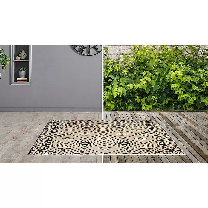 Outdoor-Teppich Bora - Schwarz/Beige, 230 x 160 cm, 100 % Polypropylen - Stimmungsaufnahme
