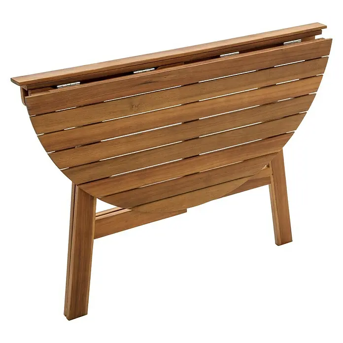 Sunfun Balkonmöbel-Set Diana halbrund/Eva - 3 -tlg., Rattan/Aluminium/Akazie, Naturbraun/Schwarz - Bild eines halb geöffneten, runden, klappbaren Akazienholztisches für den Garten. Ideal für kleine Räume und einfache Lagerung.