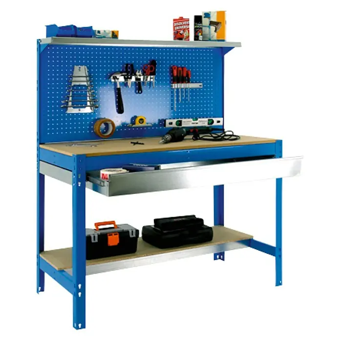 Simonrack Simonwork Werkbank BT3 Box 900 - L x B: 61 x 91 cm, Arbeitshöhe: 144,5 cm, Belastbarkeit: 400 kg, Blau - Werkbank mit blauen Metallrahmen, Holzplatte, Schublade und Werkzeugen an der Lochwand. Praktisch für Werkstattarbeiten.