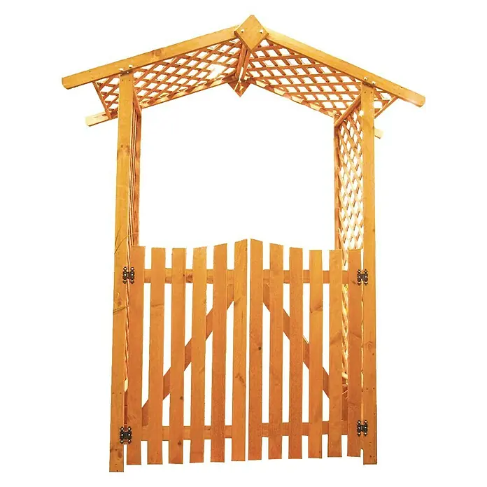 Promadino Rosenbogen - Durchgangsbreite: 108 cm, Höhe: 219 cm, Ausführung: Tür - Holzgartenbogen mit Tor. Der Bogen hat ein Gittermuster und das Tor ist aus Holzlatten gefertigt. Ideal für den Garten.