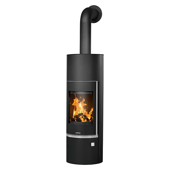 Justus Kaminofen Faro Aqua 2.0 - 8,5 kW, Raumheizvermögen: 200 m³, Material Verkleidung: Stahl, Schwarz, Zeitbrand - Schwarzer Justus Kaminofen mit Sichtfenster und Flammenspiel, ideal für gemütliche Stunden.