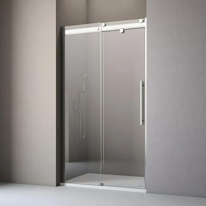 Camargue Dusch-Schiebetür Top-Roller - 120 x 210 cm, Klar, 6 mm, DIN Anschlag: Links - Duschkabine mit Schiebetür aus Glas und silberfarbenen Beschlägen für ein modernes Badezimmerdesign.